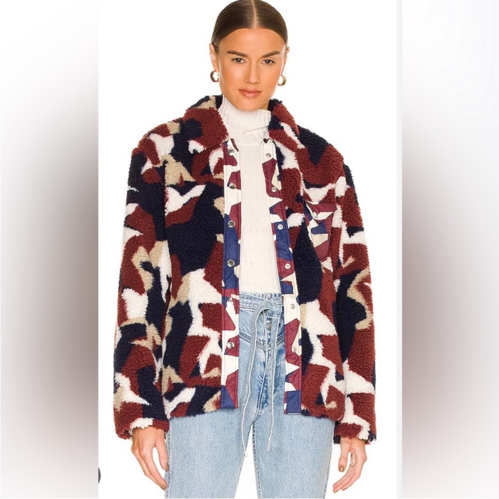 NWT rag & bone Elliot High Pile Sherpa Shirt Jacket in Burgundy Print